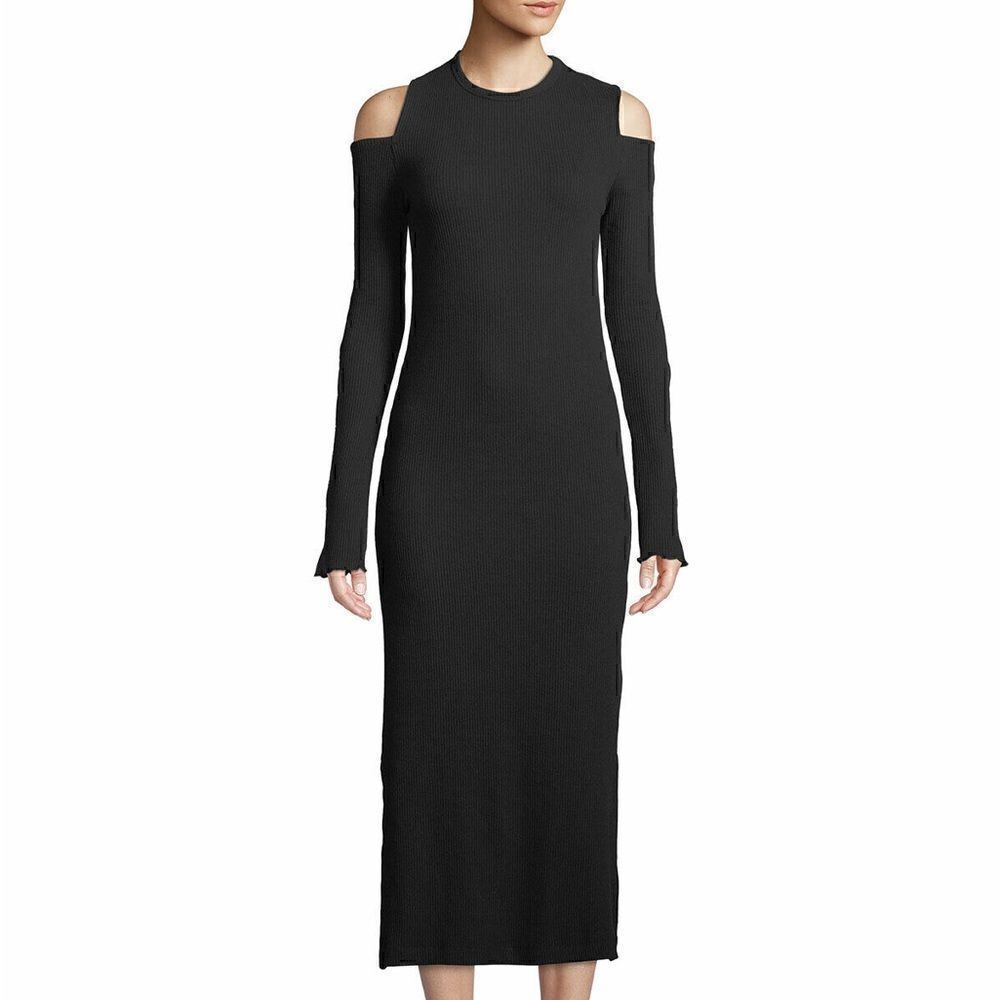 CURRENT ELLIOTT Going Steady Ribbed Cold-shoulder Long Dress In Black